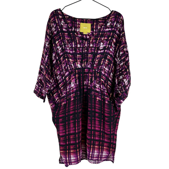 Maeve Womens Mini Kaftan Dress Purple Abstract Jewel Neck Half Sleeve S - Picture 1 of 8